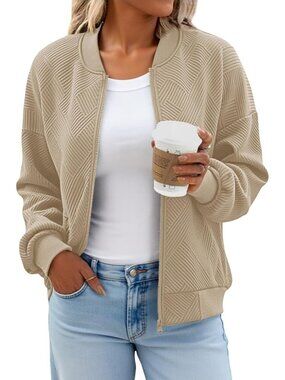 Women's Khaki Bomber Jacket Trendy Casual Lightweight Zip Up Jacket with Pockets